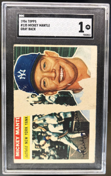 Front of 1956 Topps Mickey Mantle #135 Gray Back HOF SGC 1