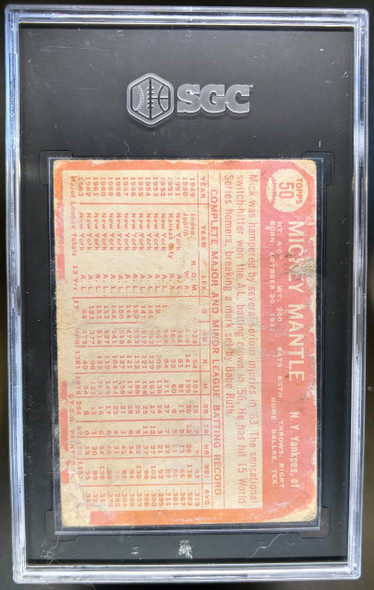 Back of 1964 Topps Mickey Mantle #50 HOF SGC Authentic