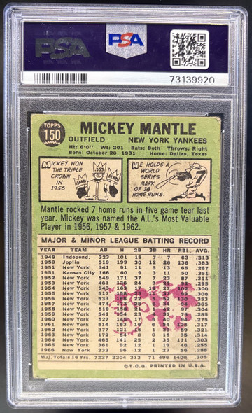 Back of 1967 Topps Mickey Mantle #150 HOF PSA 2 (MK)