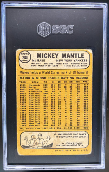 Back of 1968 Topps Mickey Mantle #280 HOF SGC 1