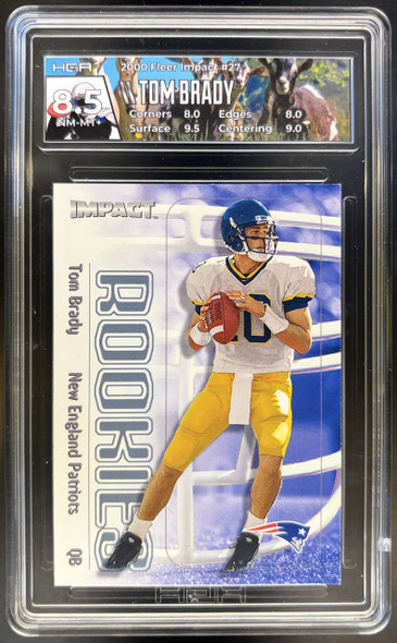Front of 2000 SkyBox Impact Tom Brady #27 RC HGA 8.5