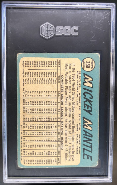Back of 1965 Topps Mickey Mantle #350 HOF SGC 1.5