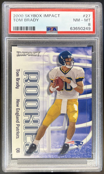 Front of 2000 SkyBox Impact Tom Brady #27 RC PSA 8