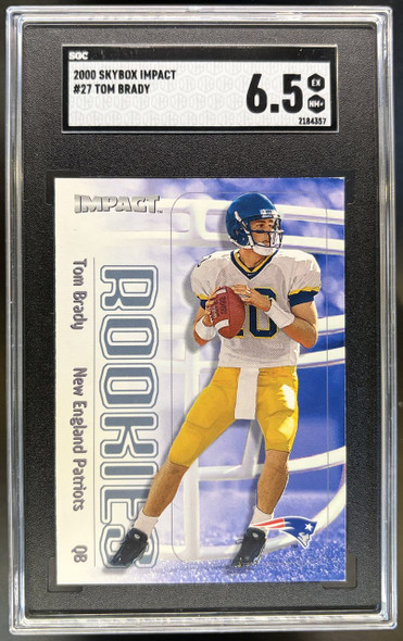 Front of 2000 SkyBox Impact Tom Brady #27 RC SGC 6.5