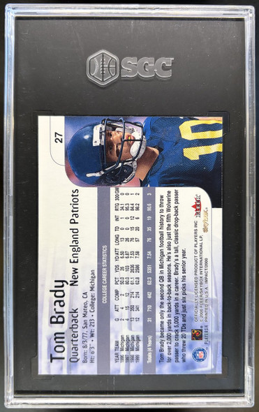 Back of 2000 SkyBox Impact Tom Brady #27 RC SGC 6.5
