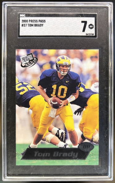 Front of 2000 Press Pass Tom Brady #37 RC SGC 7