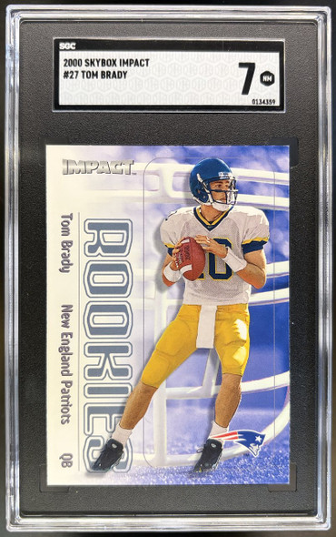 Front of 2000 SkyBox Impact Tom Brady #27 RC SGC 7