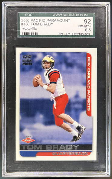 Front of 2000 Pacific Paramount Tom Brady #138 RC SGC 8.5