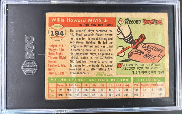 Back of 1955 Topps Willie Mays #194 HOF SGC 1