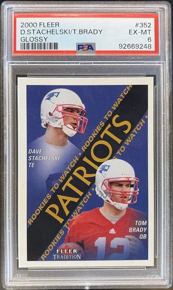 Front of 2000 Fleer Tradition Tom Brady / David Stachelski #352 Glossy RC PSA 6
