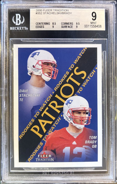 Front of 2000 Fleer Tradition Tom Brady / David Stachelski #352 RC BGS 9