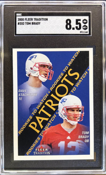 Front of 2000 Fleer Tradition Tom Brady / David Stachelski #352 RC SGC 8.5