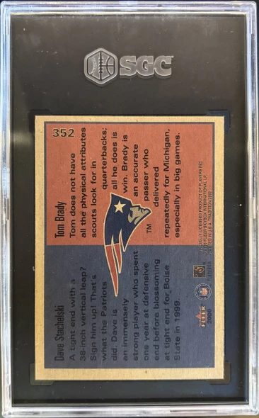 Back of 2000 Fleer Tradition Tom Brady / David Stachelski #352 RC SGC 8.5