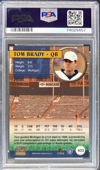 Back of 2000 Pacific Tom Brady #403 RC PSA 8