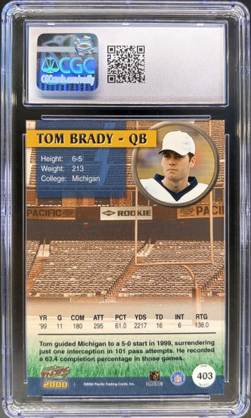 Back of 2000 Pacific Tom Brady #403 RC CGC 7.5