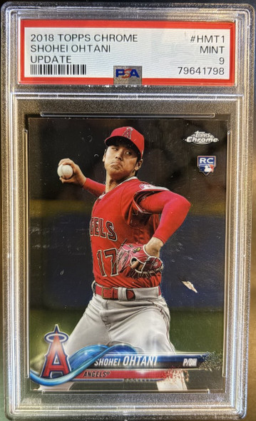 Front of 2018 Topps Chrome Update Shohei Ohtani #HMT1 RC PSA 9