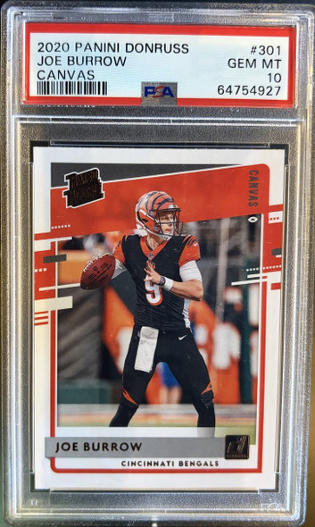Front of 2020 Panini Donruss Joe Burrow #301 Canvas RC PSA 10