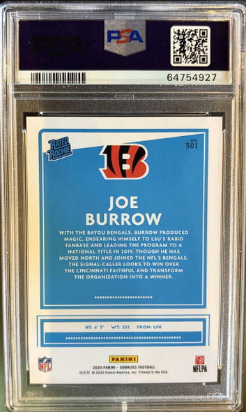 Back of 2020 Panini Donruss Joe Burrow #301 Canvas RC PSA 10