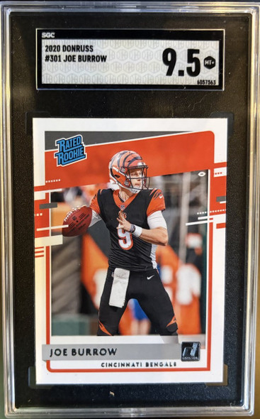Front of 2020 Panini Donruss Joe Burrow #301 Rated Rookie RC SGC 9.5