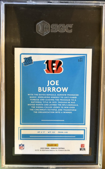 Back of 2020 Panini Donruss Joe Burrow #301 Rated Rookie RC SGC 9.5