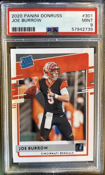 Front of 2020 Panini Donruss Joe Burrow #301 Rated Rookie RC PSA 9