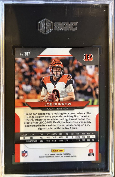 Back of 2020 Panini Prizm Joe Burrow #307 RC SGC 8.5