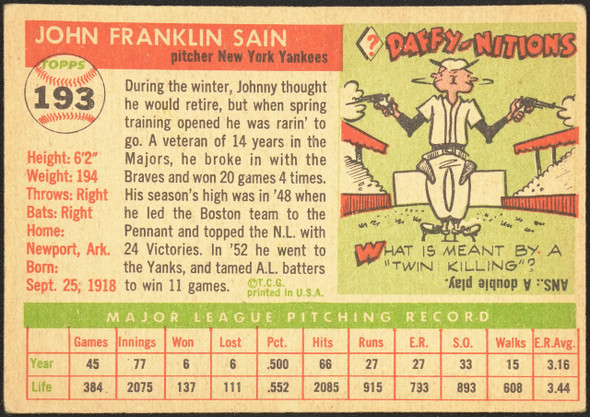 1955 Topps Johnny Sain #193 New York Yankees High Number Fair — Example A back of card
