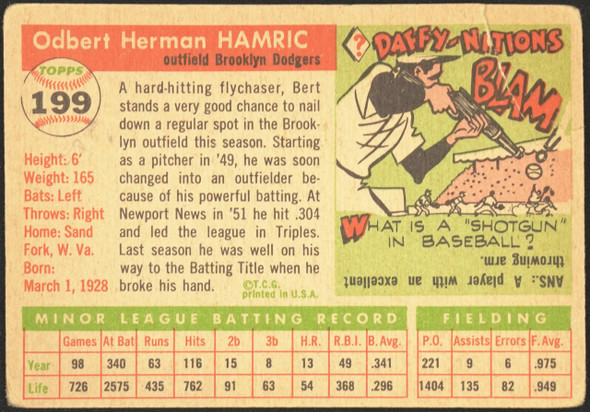 1955 Topps Bert Hamric #199 Brooklyn Dodgers RC High Number Low Grade - Creases back of card