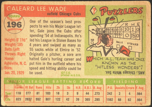 1955 Topps Gale Wade #196 Chicago Cubs High Number Low Grade - Creases Example A back of card