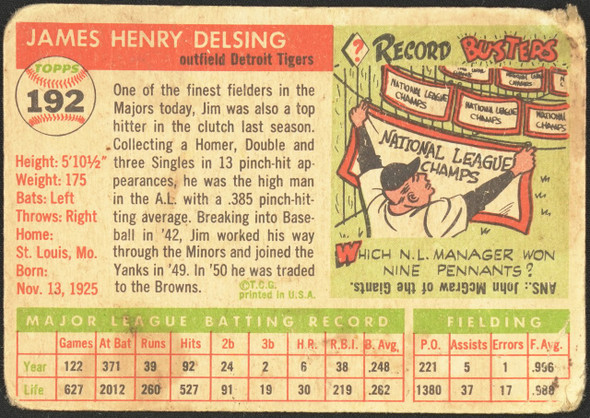 1955 Topps Jim Delsing #192 Detroit Tigers High Number Low Grade - Creases Example A back of card