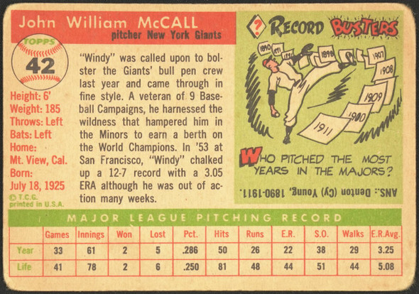 1955 Topps Windy McCall #42 New York Giants RC Low Grade - Creases back of card