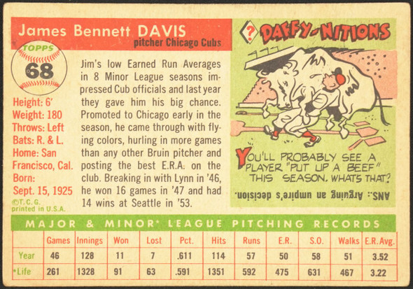 1955 Topps Jim Davis #68 Chicago Cubs RC Low Grade - Creases — Example A back of card