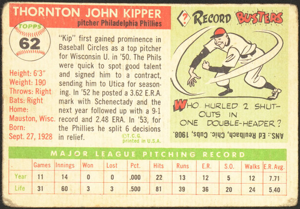 1955 Topps Thornton Kipper #62 Philadelphia Phillies Fair — Example A back of card