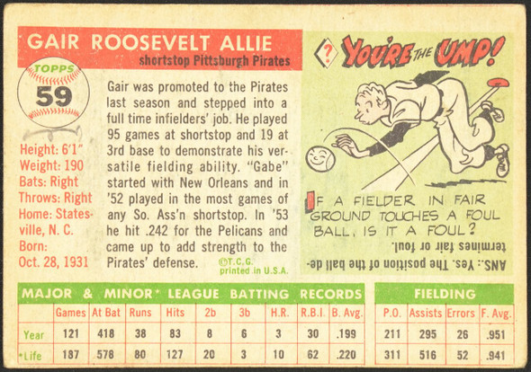 1955 Topps Gair Allie #59 Pittsburgh Pirates Low Grade - Creases back of card