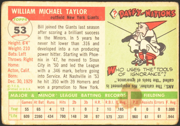 1955 Topps Bill Taylor #53 New York Giants Fair back of card