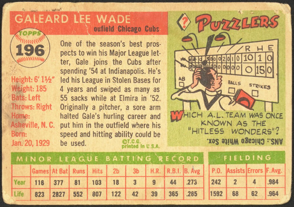 1955 Topps Gale Wade #196 Chicago Cubs High Number Low Grade - Creases — Example B back of card
