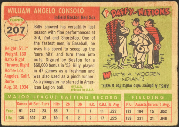 1955 Topps Billy Consolo #207 Boston Red Sox High Number Low Grade - Creases back of card