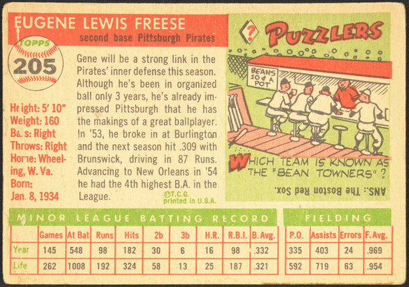 1955 Topps Gene Freese #205 Pittsburgh Pirates RC High Number Low Grade - Creases back of card