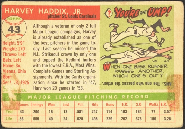 1955 Topps Harvey Haddix Jr. #43 St. Louis Cardinals Low Grade - Creases back of card