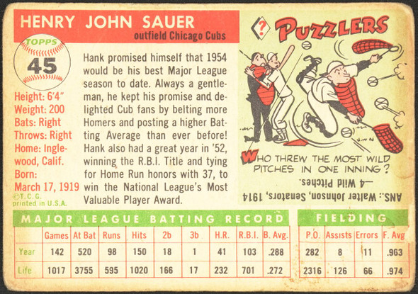1955 Topps Hank Sauer #45 Chicago Cubs Fair — Example A back of card