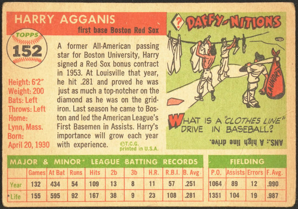 1955 Topps Harry Agganis #152 Boston Red Sox RC Low Grade - Marks — Example A back of card
