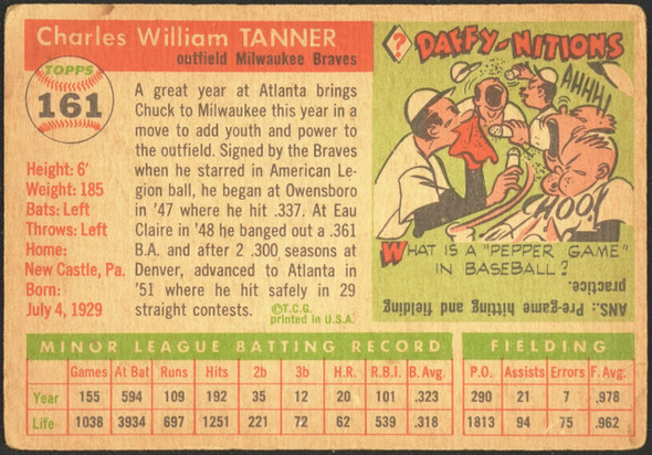1955 Topps Chuck Tanner #161 Milwaukee Braves RC High Number Low Grade - Creases back of card