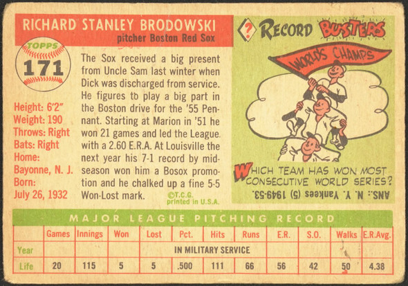 1955 Topps Dick Brodowski #171 Boston Red Sox High Number Low Grade - Creases back of card