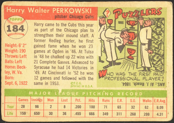 1955 Topps Harry Perkowski #184 Chicago Cubs High Number Low Grade - Creases back of card