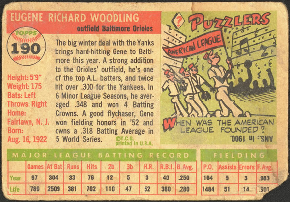 1955 Topps Gene Woodling #190 Baltimore Orioles High Number Low Grade - Creases back of card