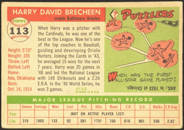 1955 Topps Harry Brecheen #113 Baltimore Orioles Low Grade - Marks back of card