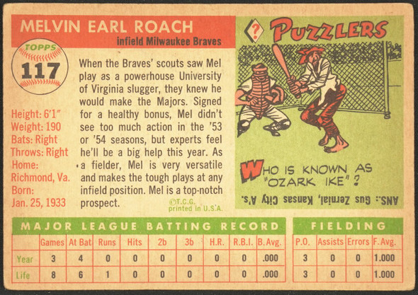 1955 Topps Mel Roach #117 Milwaukee Braves Fair — Example A back of card