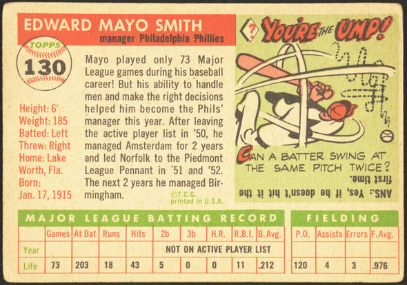 1955 Topps Mayo Smith #130 Philadelphia Phillies RC Low Grade - Creases back of card