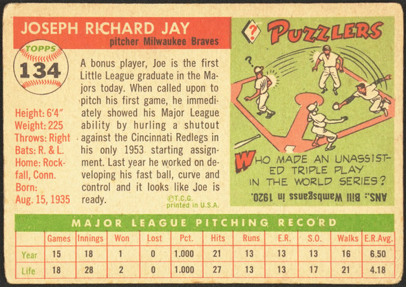 1955 Topps Joey Jay #134 Milwaukee Braves Low Grade - Creases back of card