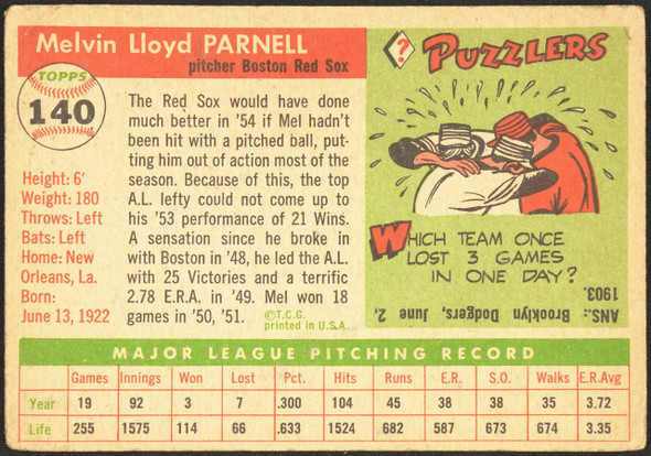 1955 Topps Mel Parnell #140 Boston Red Sox Low Grade - Marks back of card